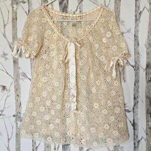 Lucky Brand Ivory Crochet Top with Satin Ribbons XL